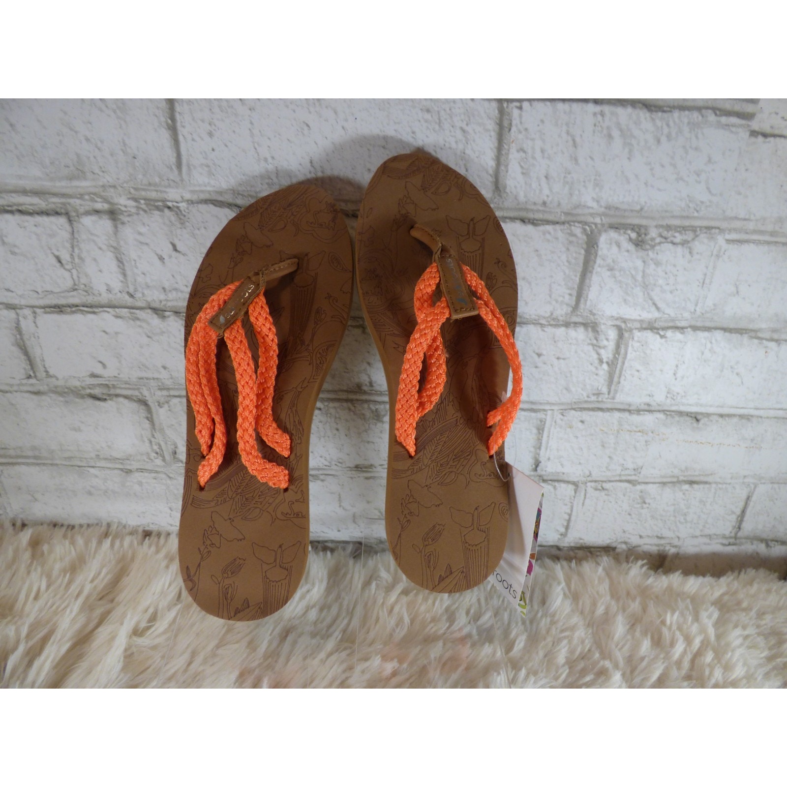 Sakroots Neon Orange Braided Bailen Flip Flop Embossed Sandals 7 New — image 4 of 6